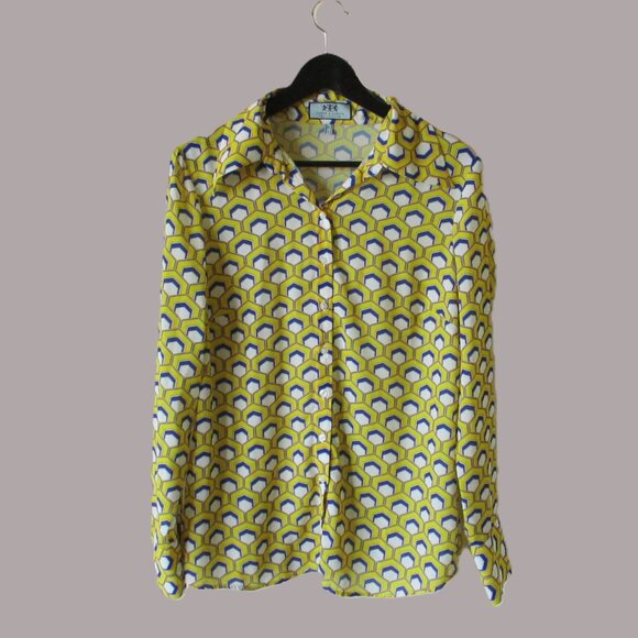 Hawes & Curtis Tops - Hawes & Curtis Women's Yellow & Blue Geometric Print Long-Sleeve Blouse Size 12